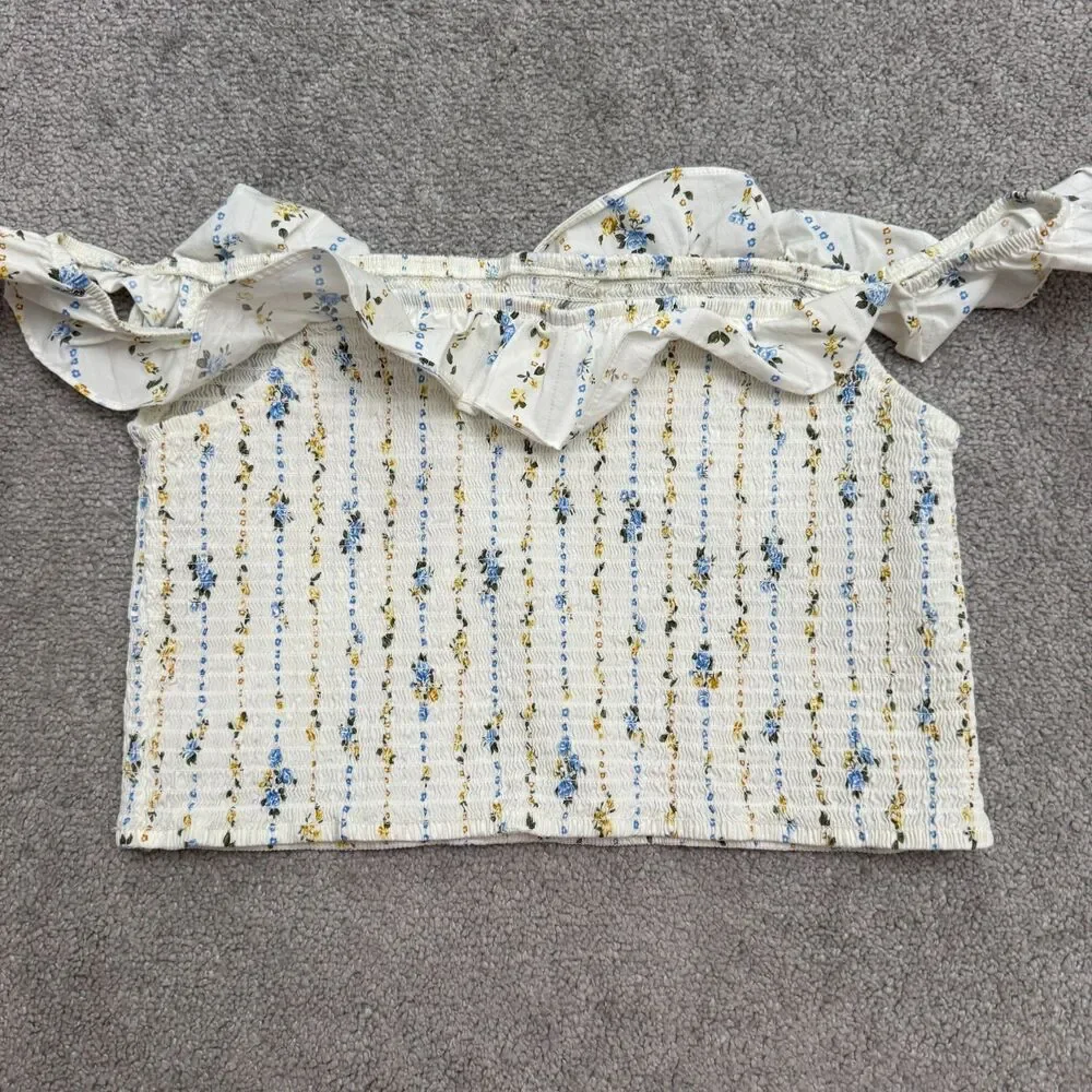 Wild Fable Smocked Cropped Off Shoulder Top Womens Large White Floral Ruffle